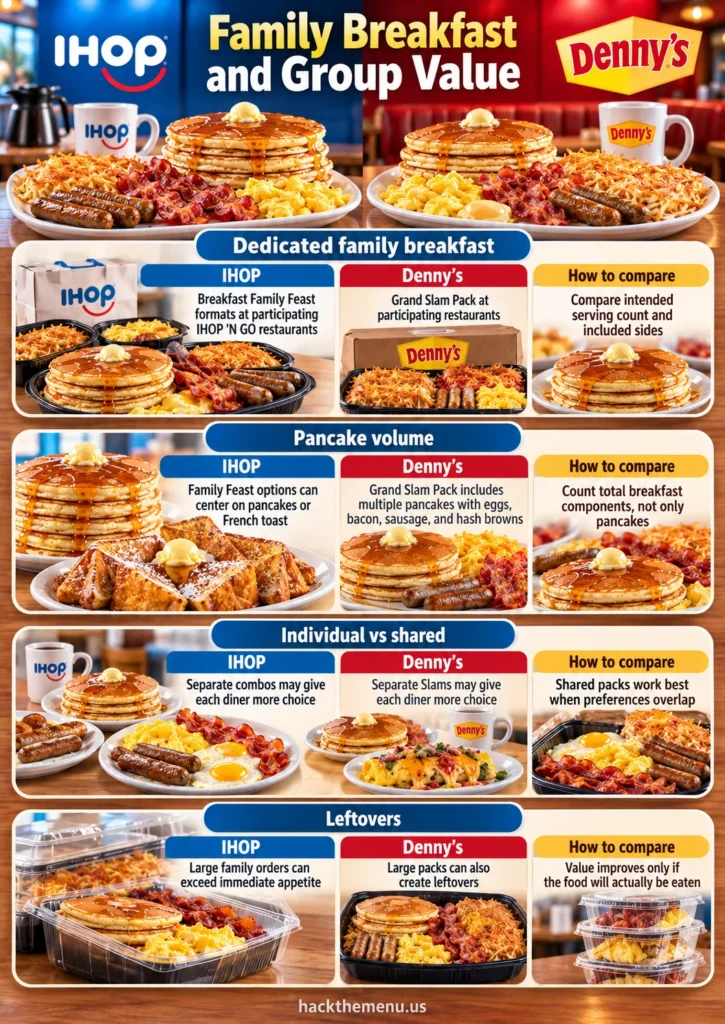 Family Breakfast and Group Value infographic comparing IHOP vs Denny's for family breakfast