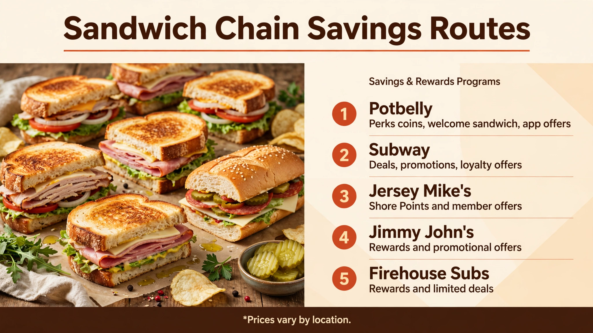 Sandwich chain savings routes comparison infographic