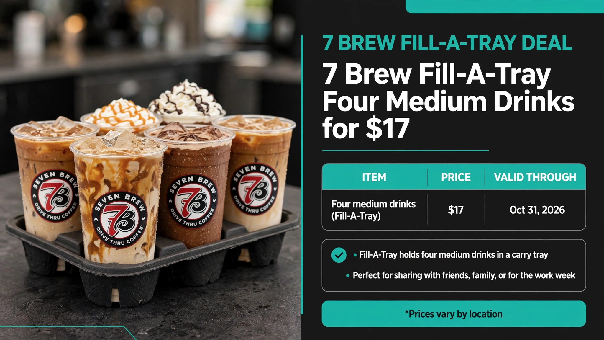 7 Brew Fill-A-Tray deal: four medium drinks for 7 on Halloween infographic