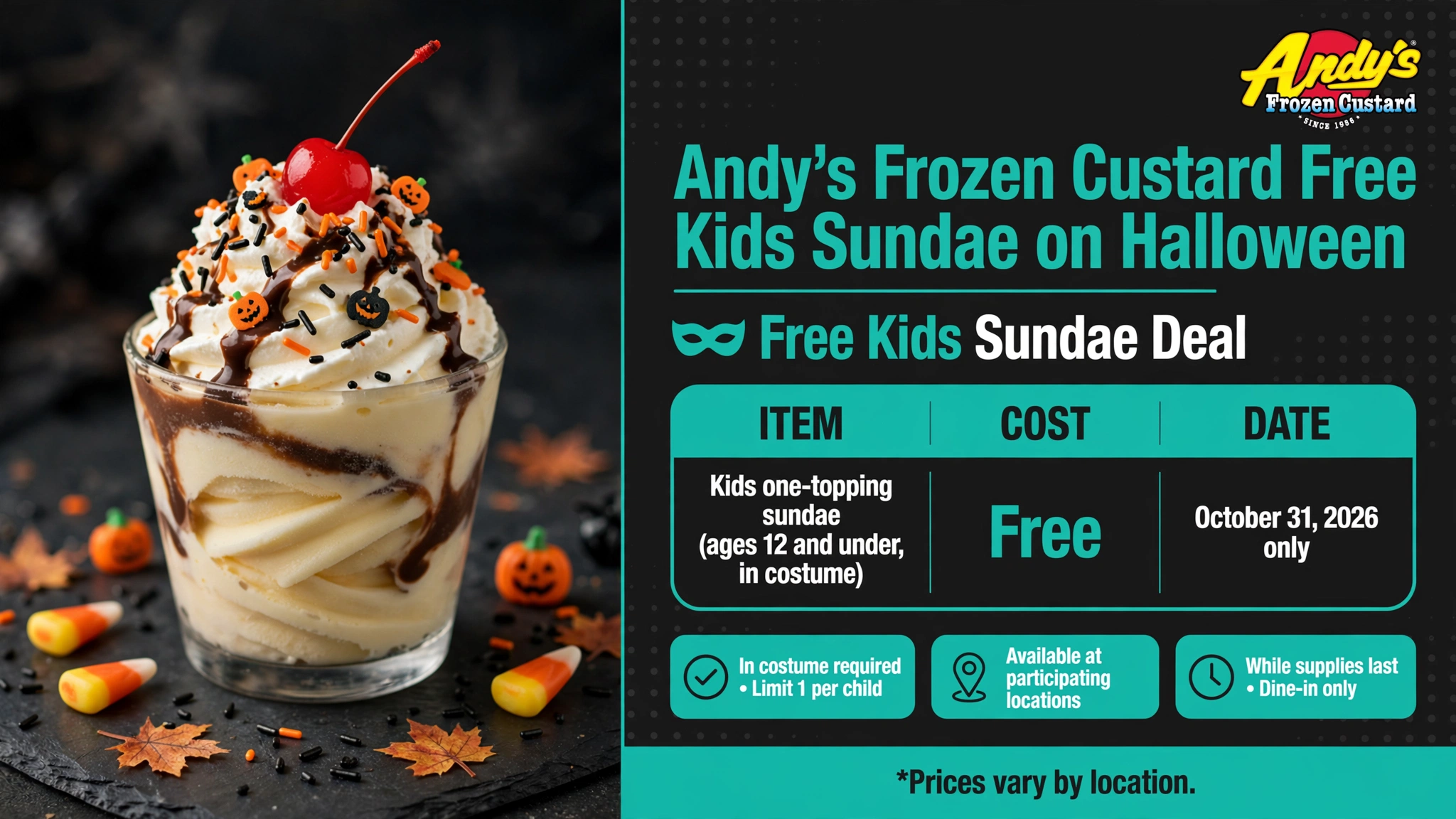 Andy's Frozen Custard free kids sundae on Halloween deal infographic