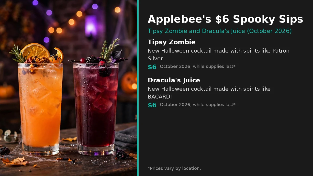 Infographic: Applebee's $6 Spooky Sips with Tipsy Zombie and Dracula's Juice Halloween cocktails, October 2026