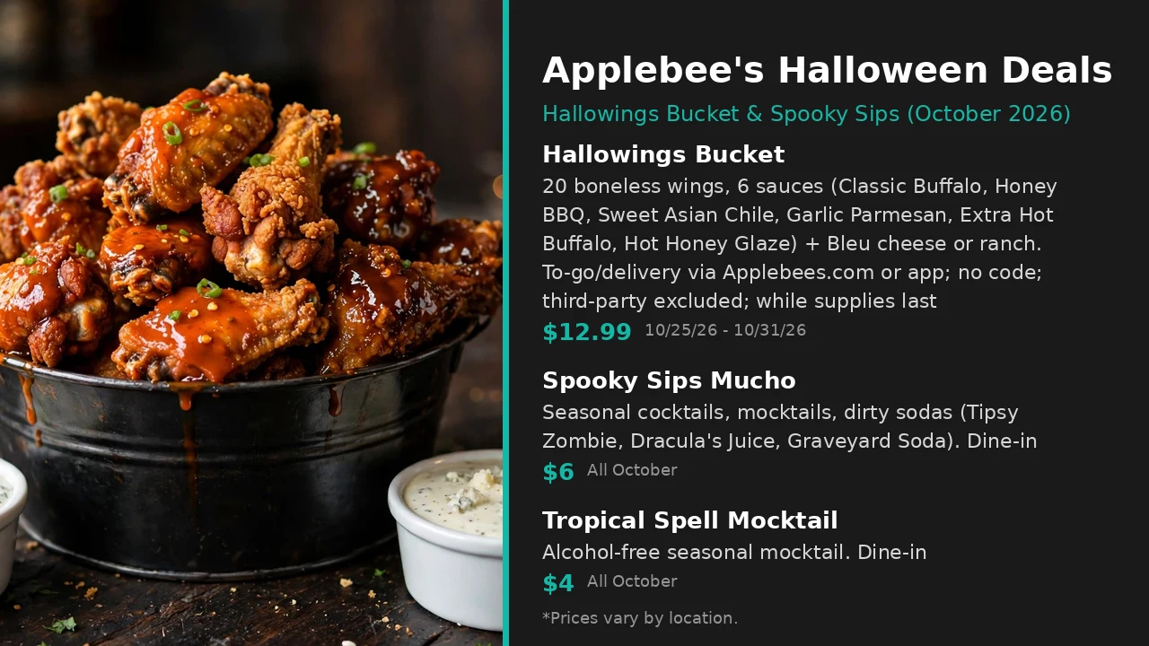 Infographic: Applebee's $12.99 Hallowings Bucket with 20 boneless wings, October 25-31 2026