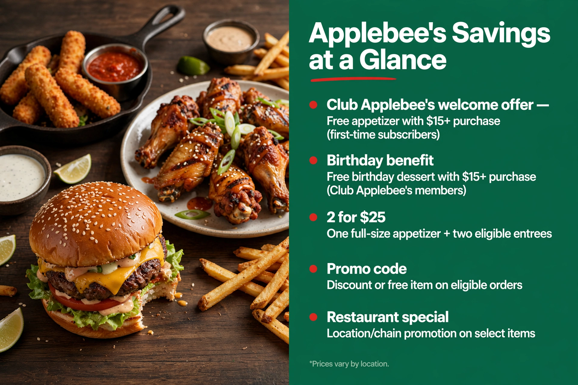 Infographic: Applebee's savings at a glance — Club Applebee's welcome offer, birthday benefit, 2 for $25 deal, promo codes, and restaurant specials