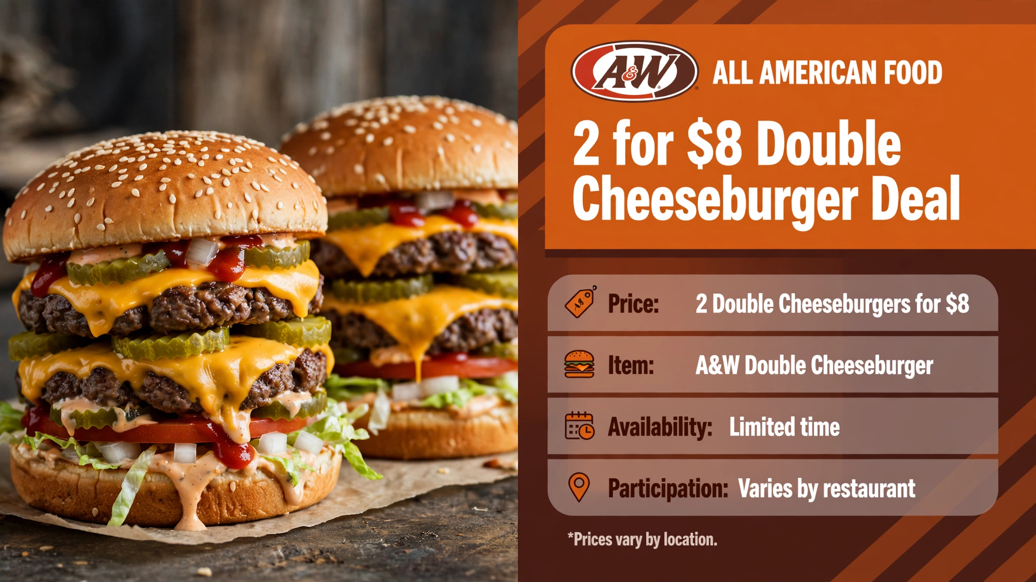 A&W 2 for $8 Double Cheeseburger deal infographic: price, item, limited-time availability, varies by restaurant