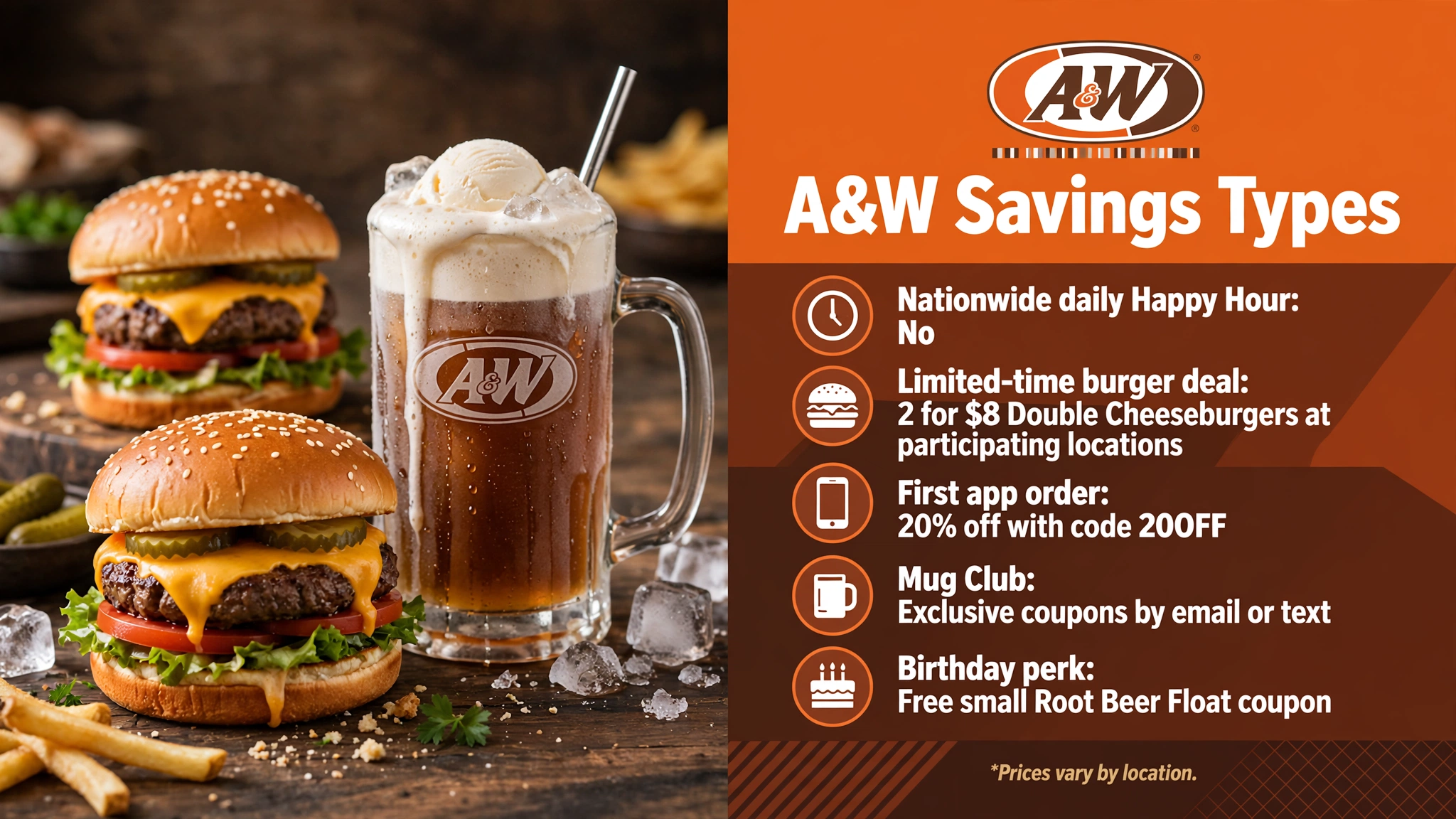 A&W Happy Hour savings types infographic: no nationwide daily happy hour, 2 for $8 double cheeseburgers, 20 percent off first app order with code 20OFF, Mug Club coupons by email or text, free small Root Beer Float birthday coupon