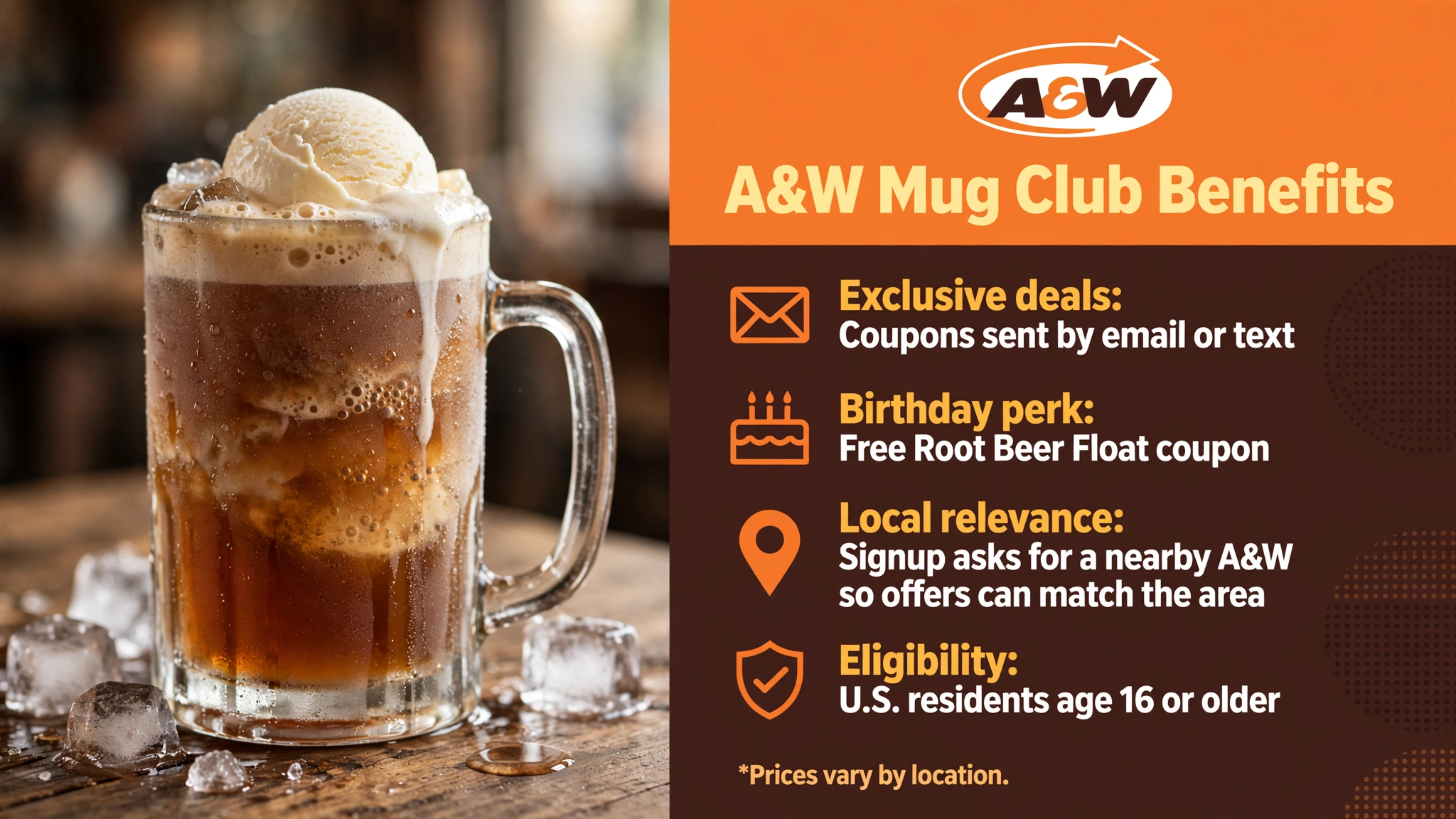A&W Mug Club benefits infographic: exclusive deals by email or text, free Root Beer Float birthday coupon, local offers, eligibility for US residents 16 and older