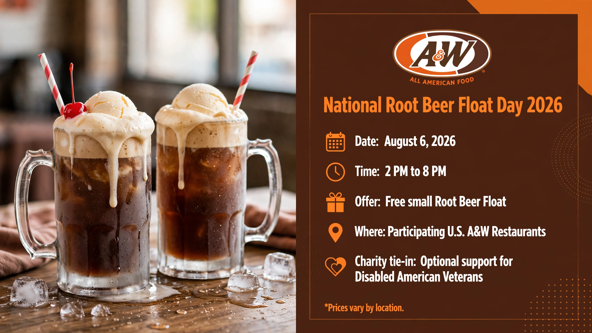 A&W National Root Beer Float Day 2026 infographic: August 6 2026, 2 PM to 8 PM, free small Root Beer Float at participating US A&W restaurants