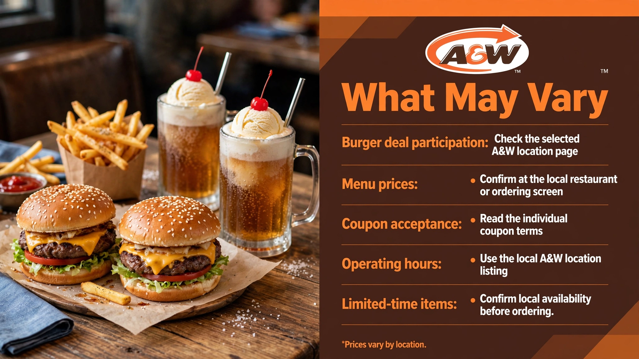 A&W what may vary infographic: check burger deal participation, menu prices, coupon acceptance, operating hours and limited-time item availability at your local restaurant