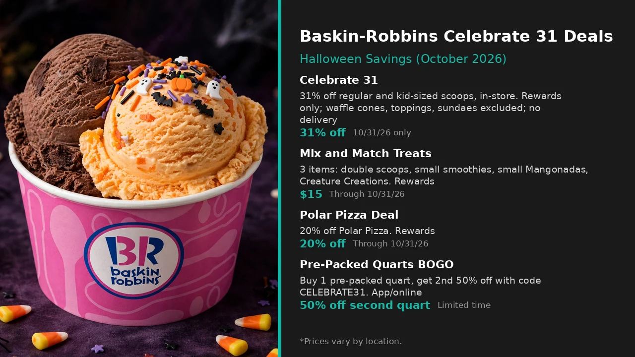 Infographic: Baskin-Robbins 31% off Halloween scoops, $15 Mix and Match treats, and Polar Pizza deal, October 2026