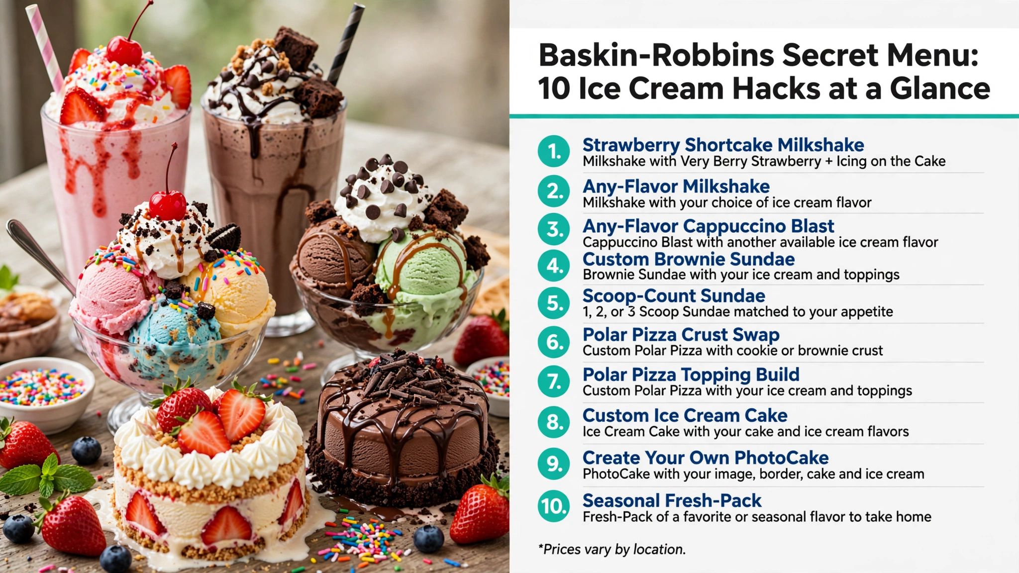 Baskin-Robbins secret menu infographic: 10 ice cream hacks at a glance including strawberry shortcake milkshake, any-flavor milkshakes, custom brownie sundae, Polar Pizza options and PhotoCake