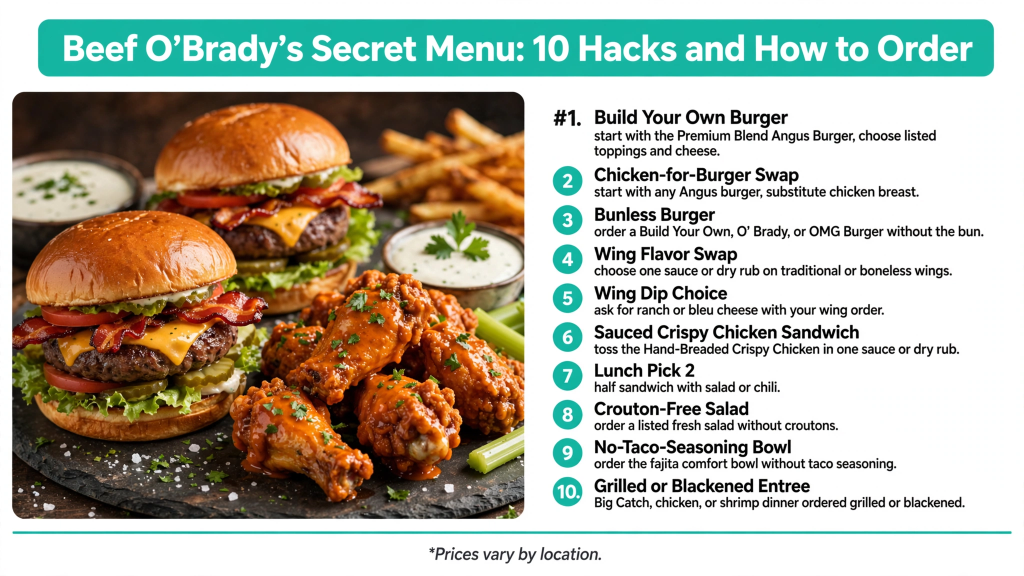Beef O'Brady's secret menu 10 hacks and how to order infographic