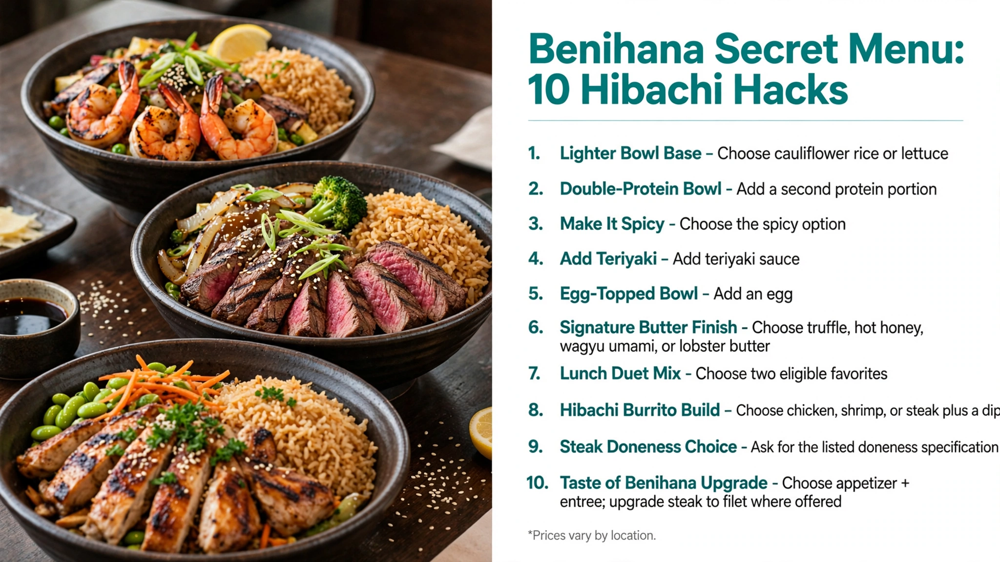 Benihana secret menu hacks infographic showing 10 hibachi bowl hacks