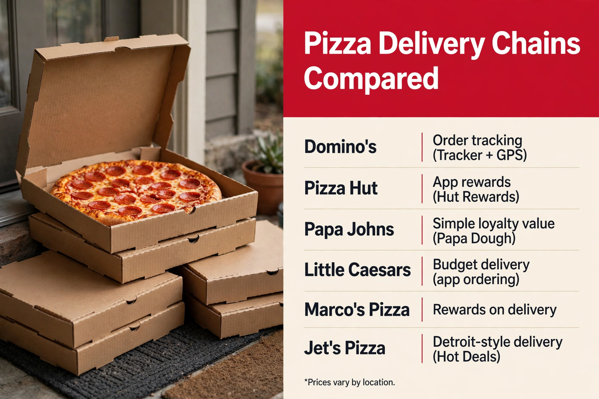 Infographic: best pizza delivery chains compared — Domino's, Pizza Hut, Papa Johns, Little Caesars, Marco's Pizza, and Jet's Pizza