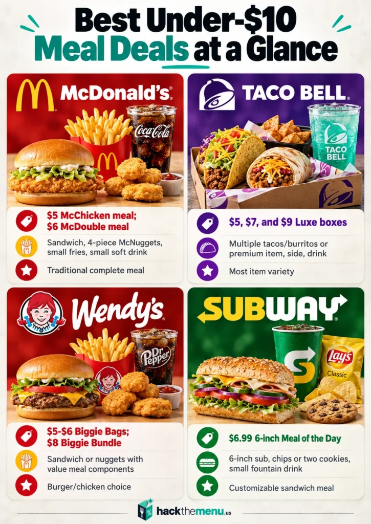 Best Under-$10 Meal Deals at a Glance infographic comparing McDonald's, Taco Bell, Wendy's, and Subway under-$10 meal structures and prices
