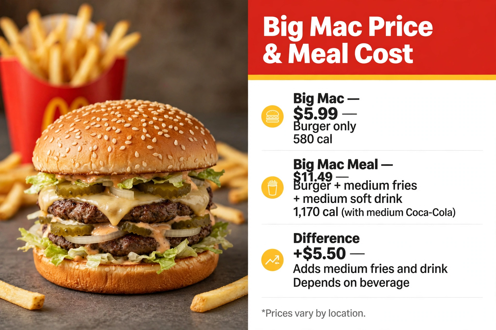 Infographic: Big Mac price and meal cost — $5.99 burger versus $11.49 meal with calories