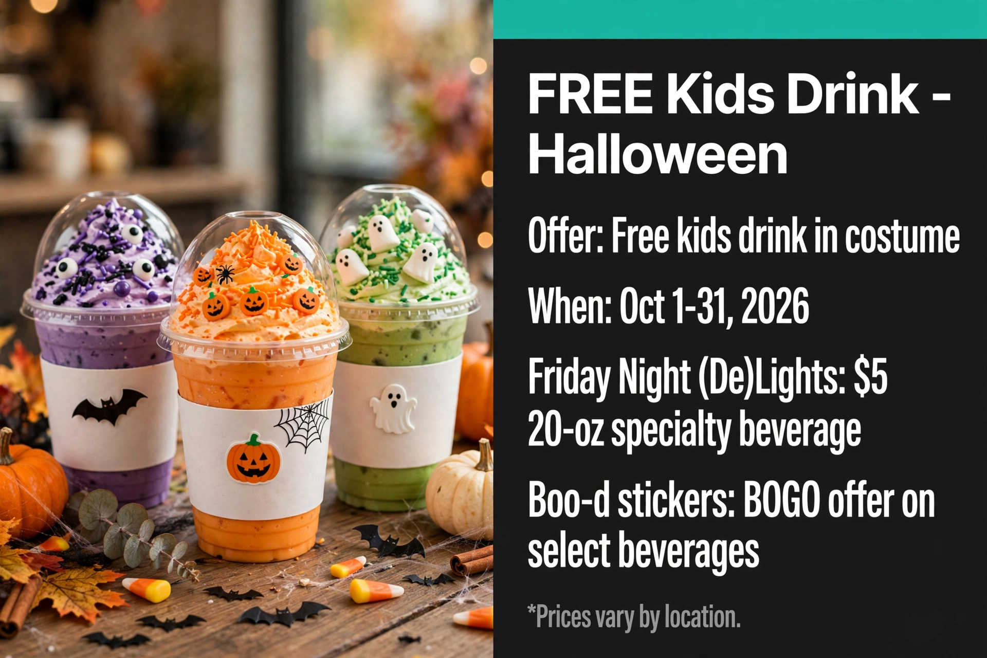 Biggby Coffee Free Kids Drink Halloween deal infographic