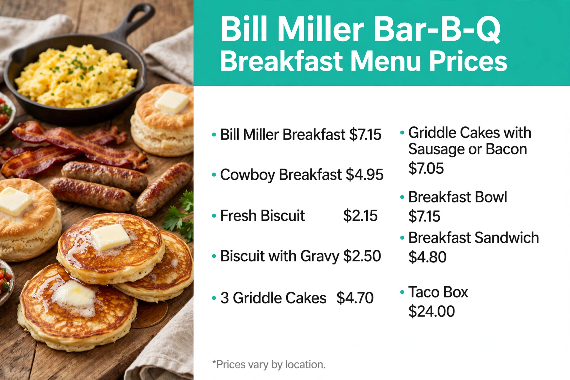 Bill Miller Bar-B-Q menu prices: Breakfast Menu Prices infographic
