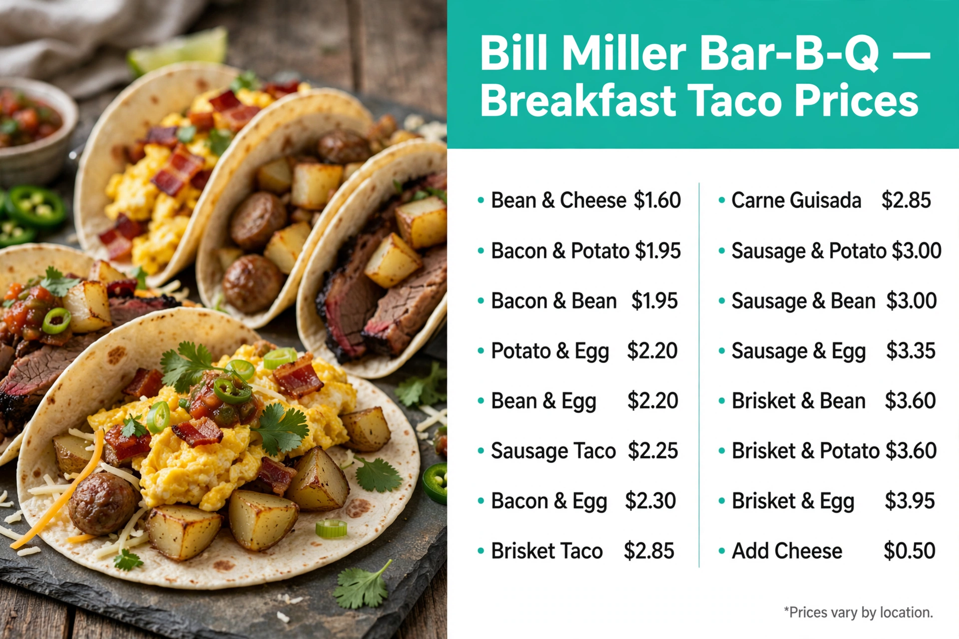 Bill Miller Bar-B-Q menu prices: Breakfast Taco Prices infographic