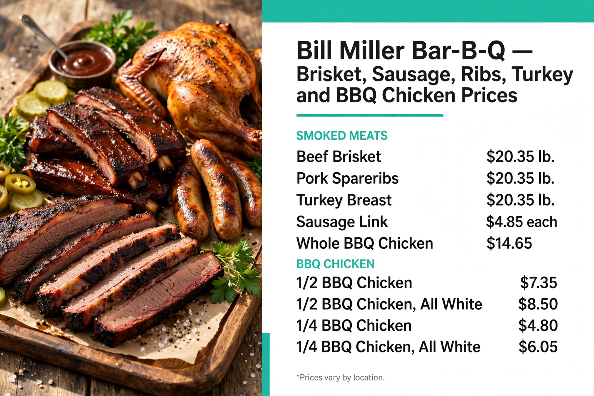 Bill Miller Bar-B-Q menu prices: Brisket, Sausage, Ribs, Turkey and BBQ Chicken Prices infographic