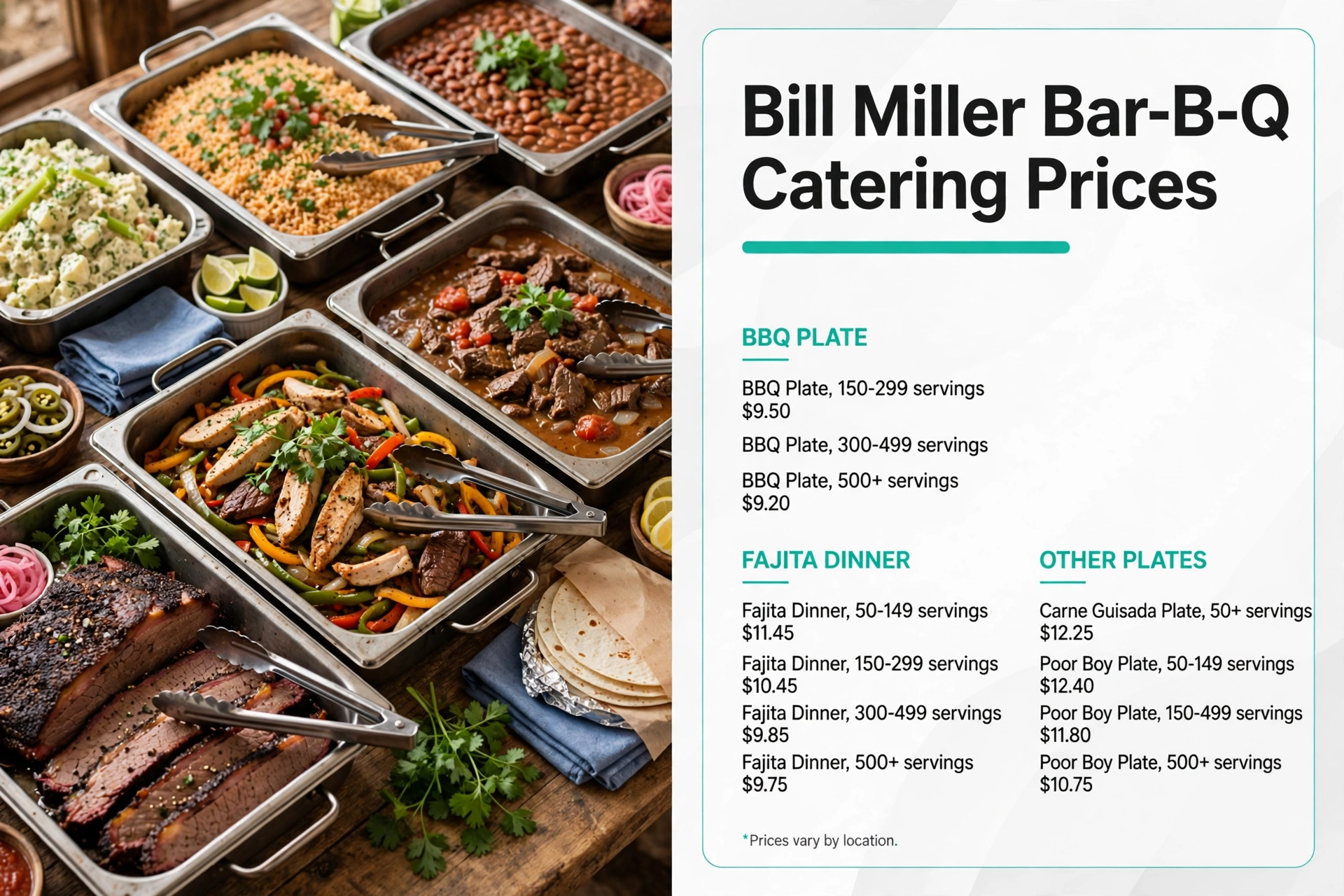 Bill Miller Bar-B-Q menu prices: Catering Prices infographic