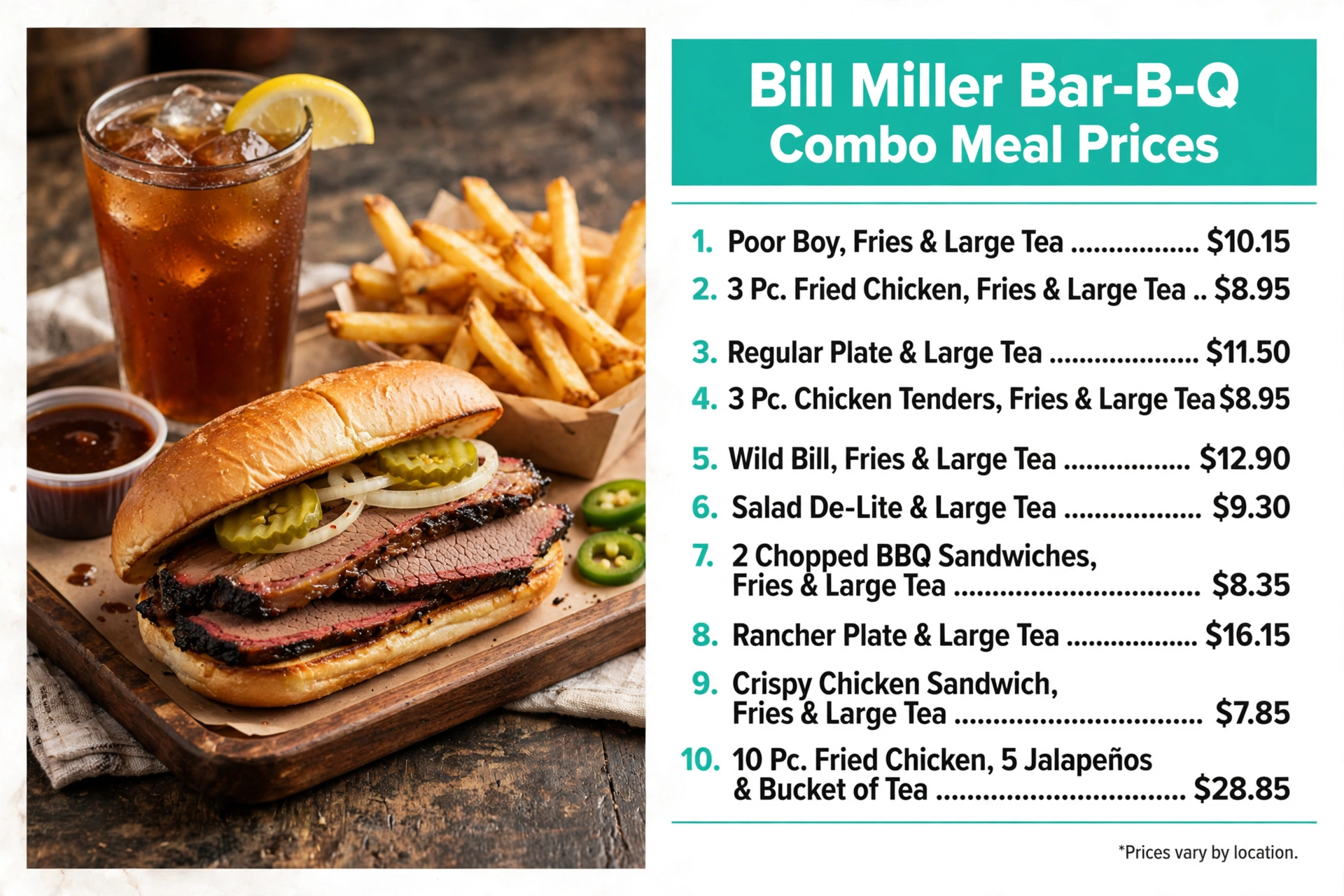 Bill Miller Bar-B-Q menu prices: Combo Meal Prices infographic