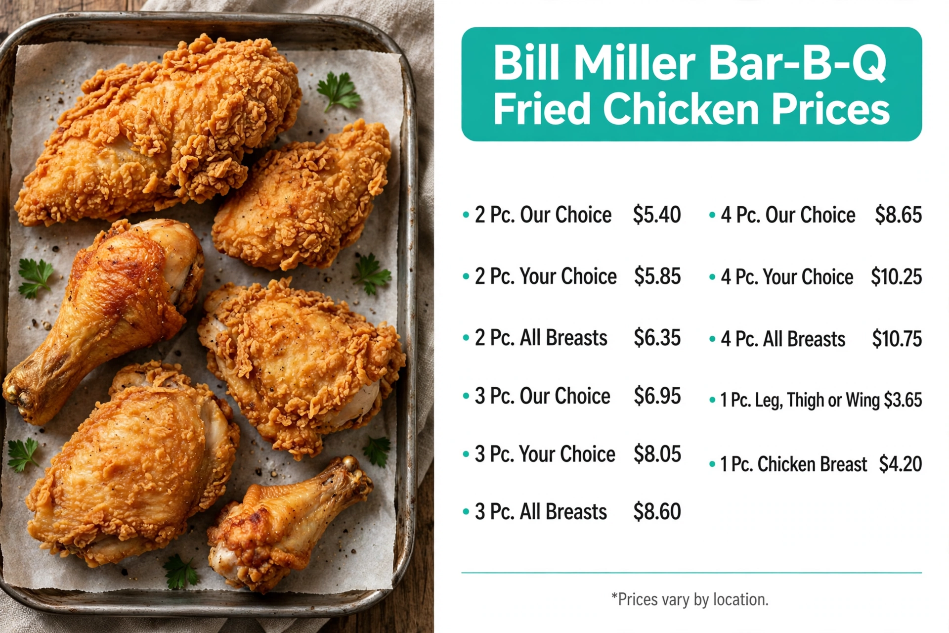 Bill Miller Bar-B-Q menu prices: Fried Chicken Prices infographic