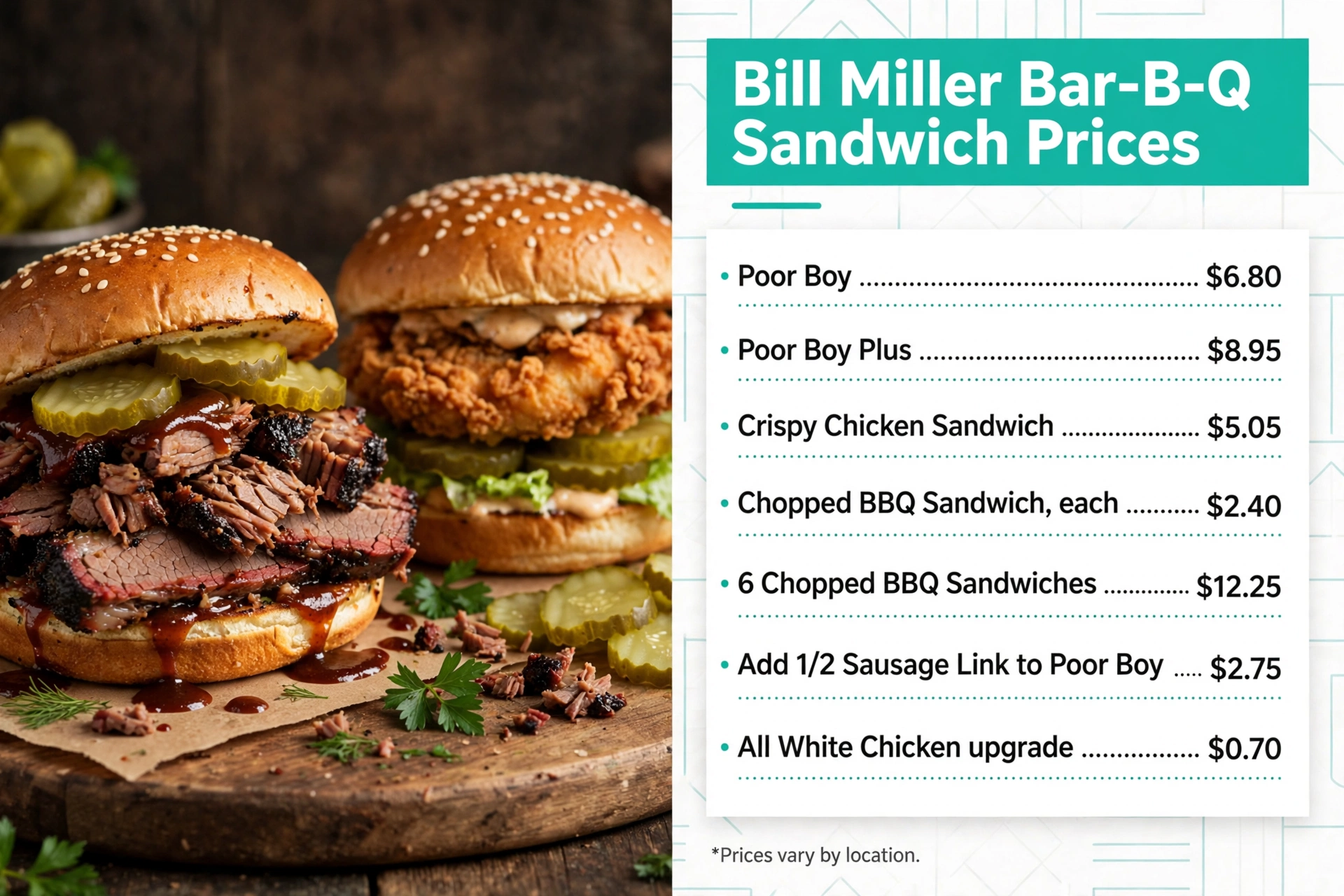 Bill Miller Bar-B-Q menu prices: Sandwich Prices infographic