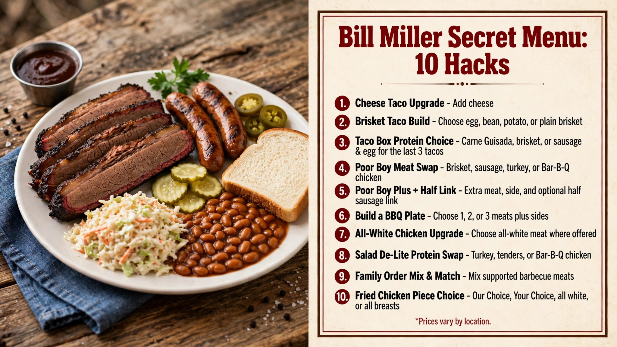 Bill Miller Bar-B-Q secret menu infographic showing 10 hacks including cheese taco upgrade, brisket taco build, Poor Boy meat swap, BBQ plate build, and fried chicken piece choice