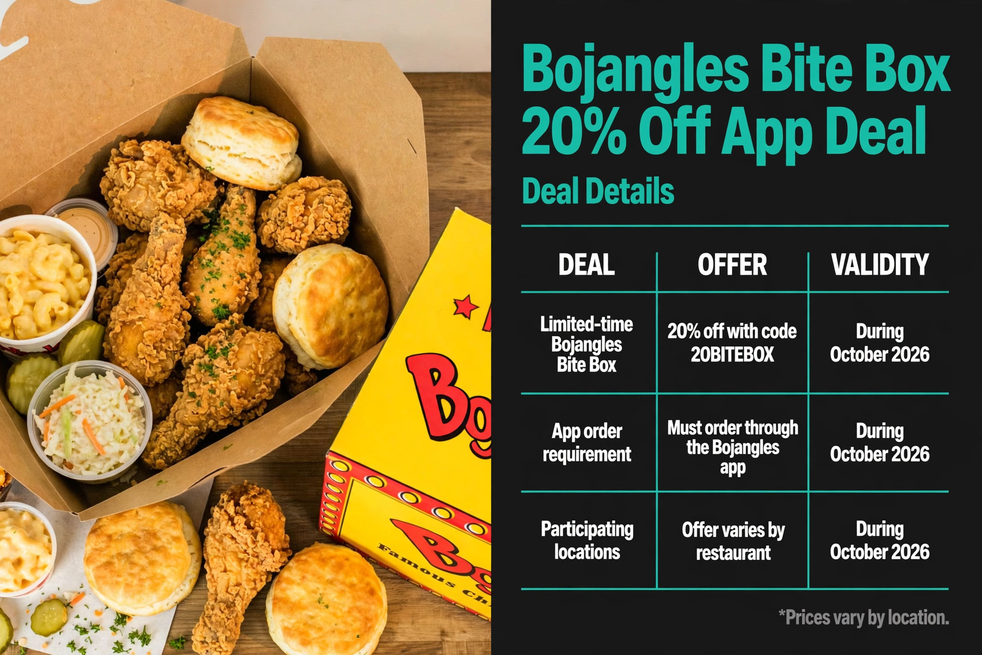 Bojangles Bite Box 20% off app deal infographic