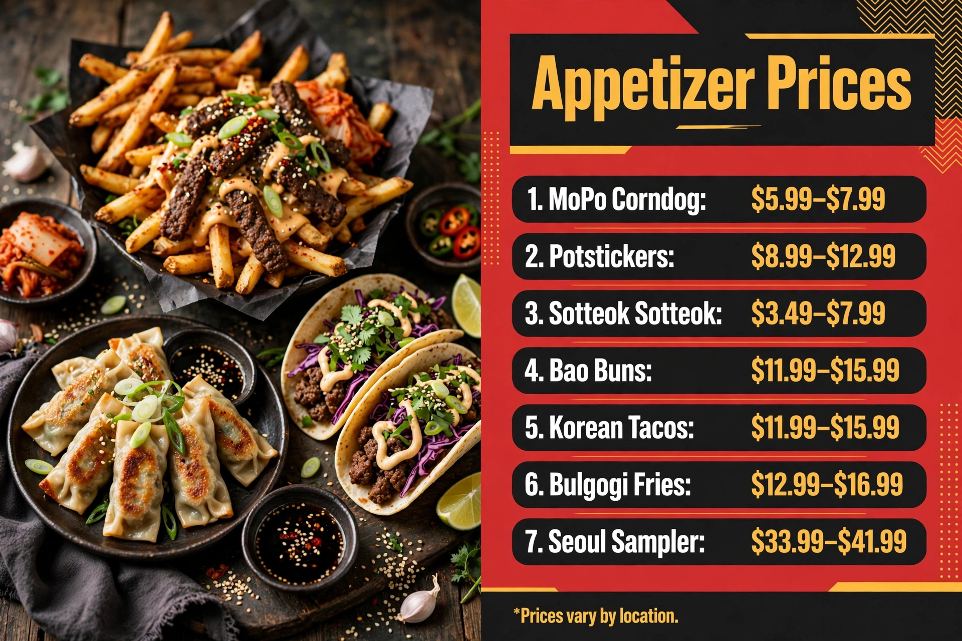 Bonchon appetizer prices infographic showing MoPo Corndog, potstickers, Sotteok Sotteok, bao buns, Korean tacos, bulgogi fries and Seoul sampler price ranges