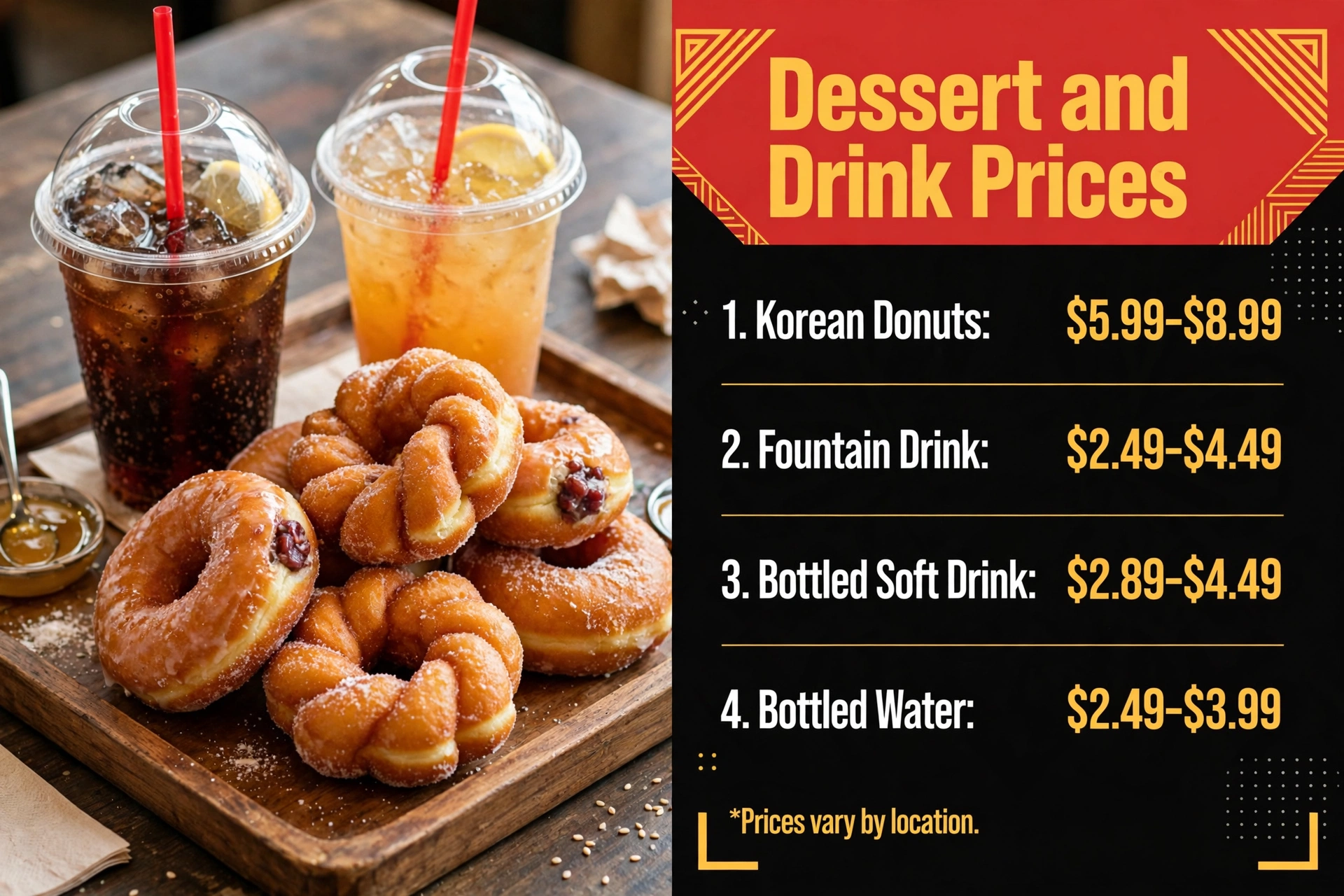Bonchon dessert and drink prices infographic showing Korean donuts, fountain drink, bottled soft drink and bottled water price ranges