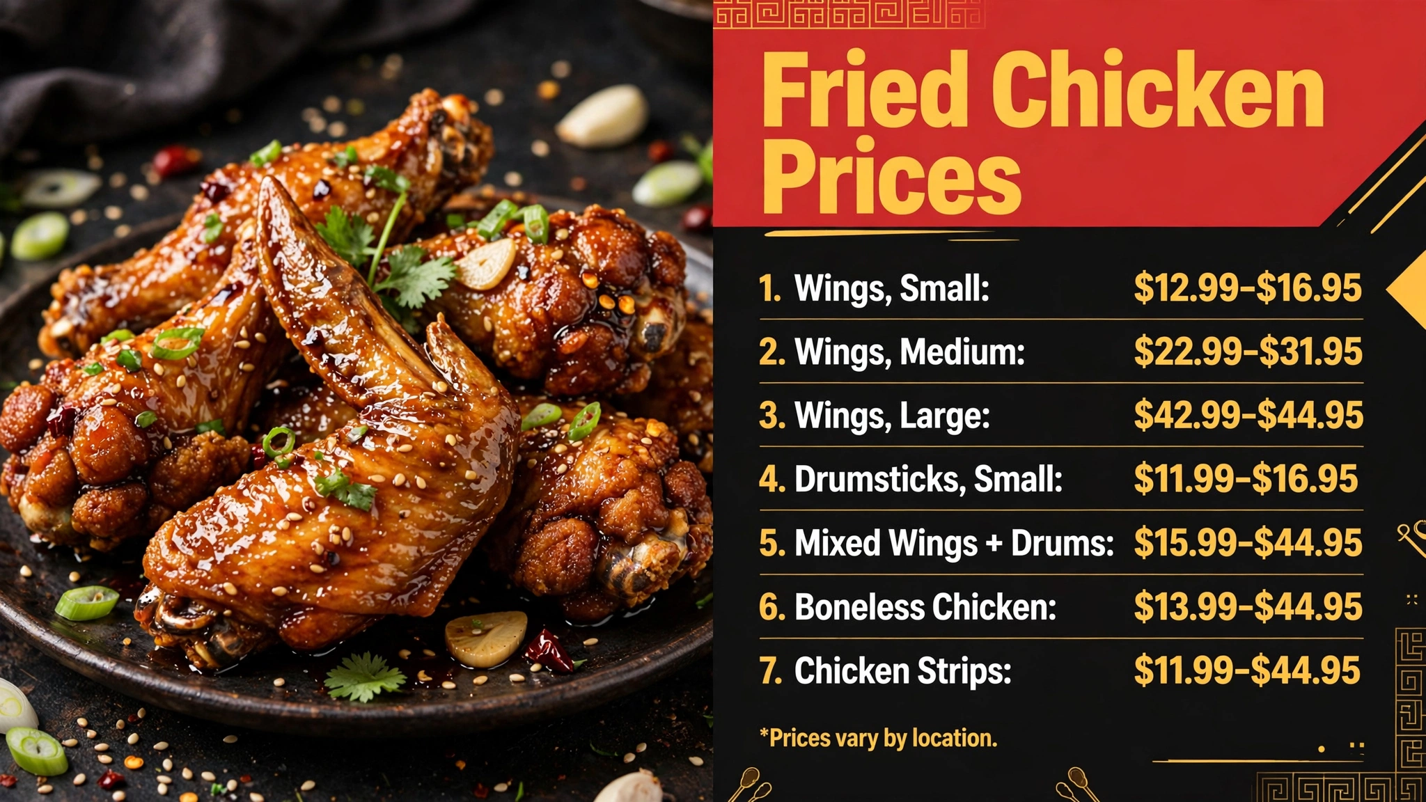 Bonchon fried chicken prices infographic showing small, medium and large wings, drumsticks, mixed wings and drums, boneless chicken and chicken strips price ranges