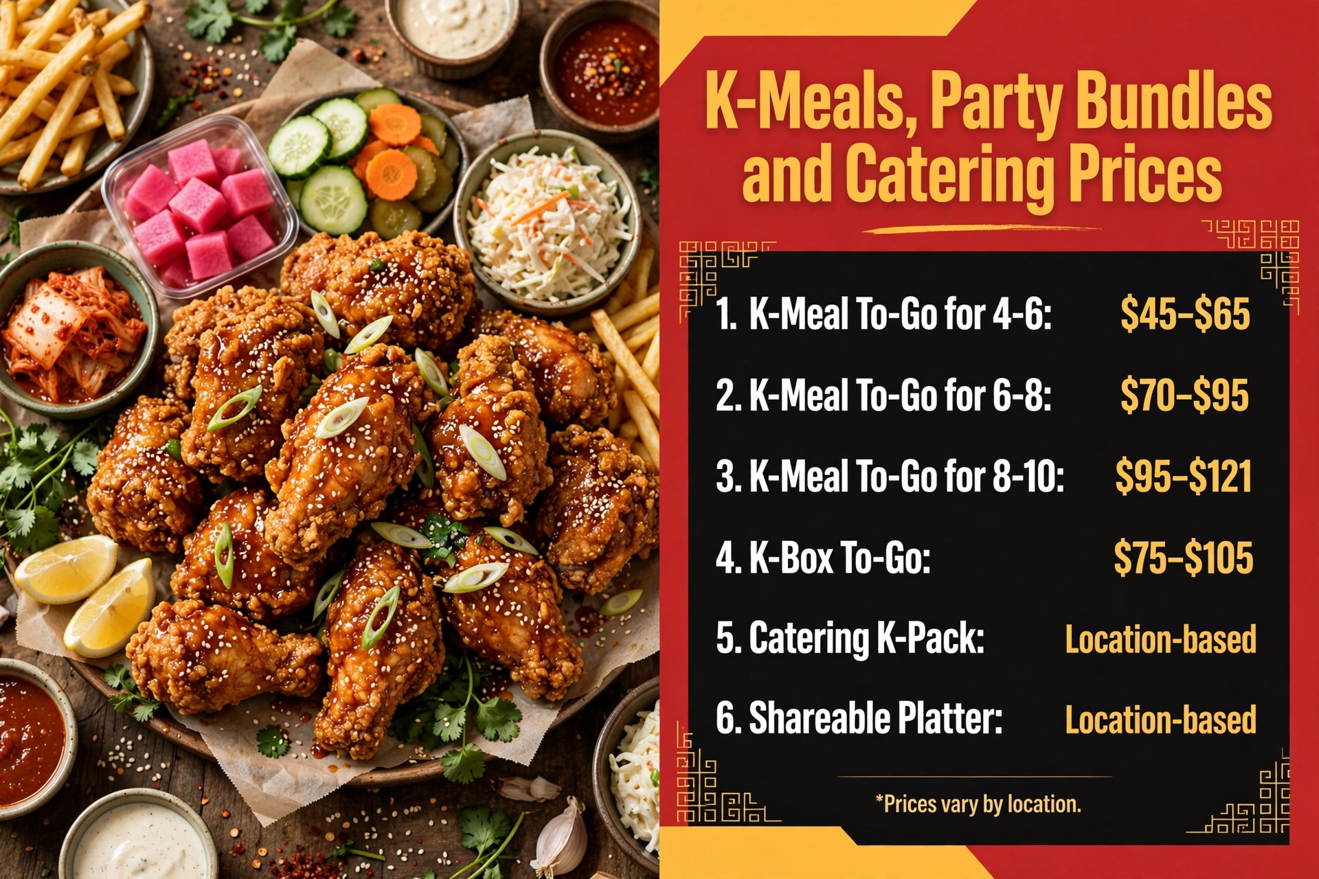 Bonchon K-meal, party bundle and catering prices infographic showing K-Meal To-Go bundles, K-Box To-Go, catering K-Pack and shareable platter pricing