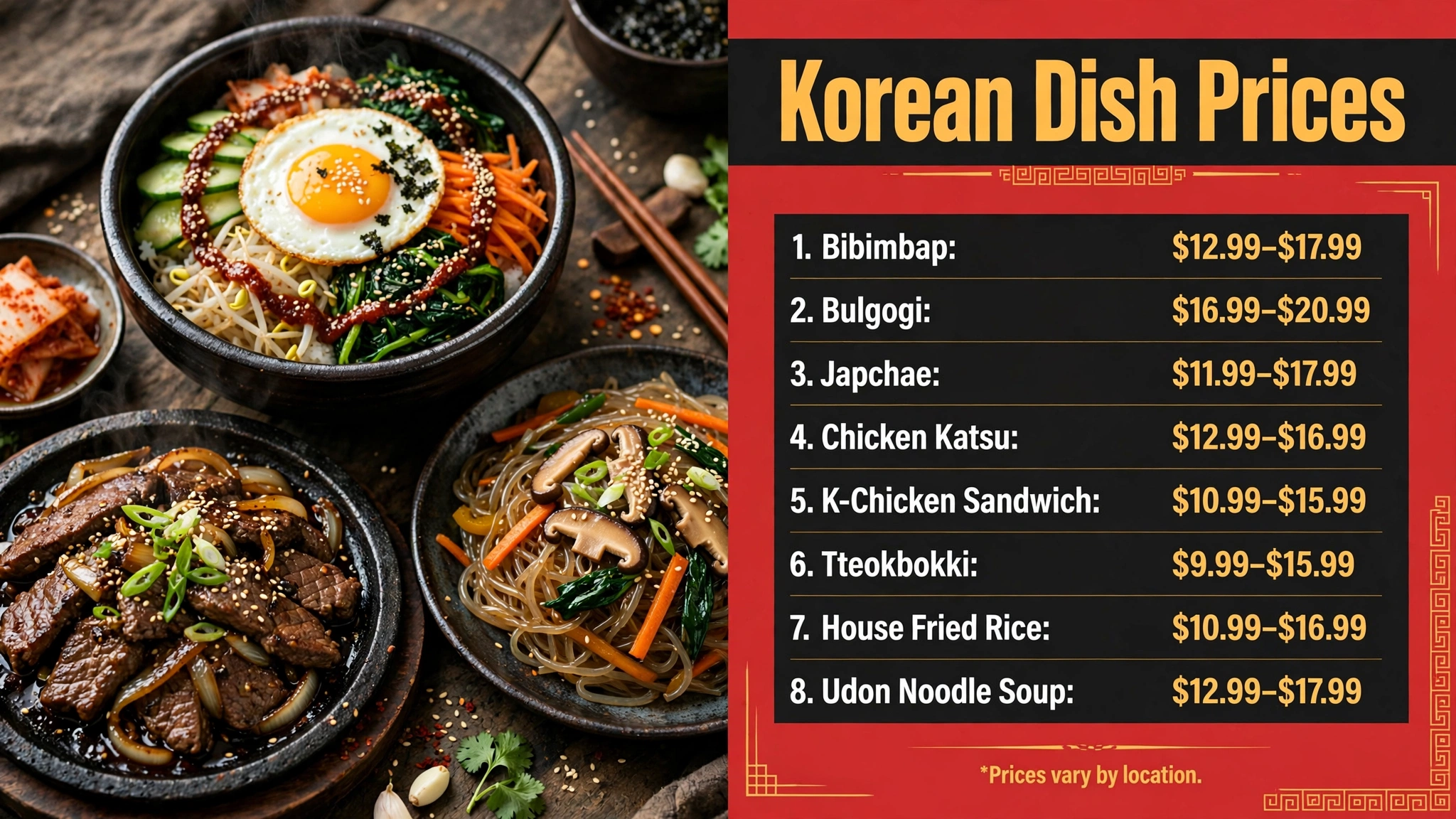Bonchon Korean dish prices infographic showing bibimbap, bulgogi, japchae, chicken katsu, K-chicken sandwich, tteokbokki, house fried rice and udon noodle soup price ranges
