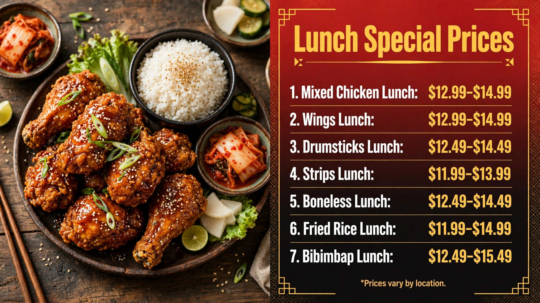 Bonchon lunch special prices infographic showing mixed chicken, wings, drumsticks, strips, boneless, fried rice and bibimbap lunch price ranges