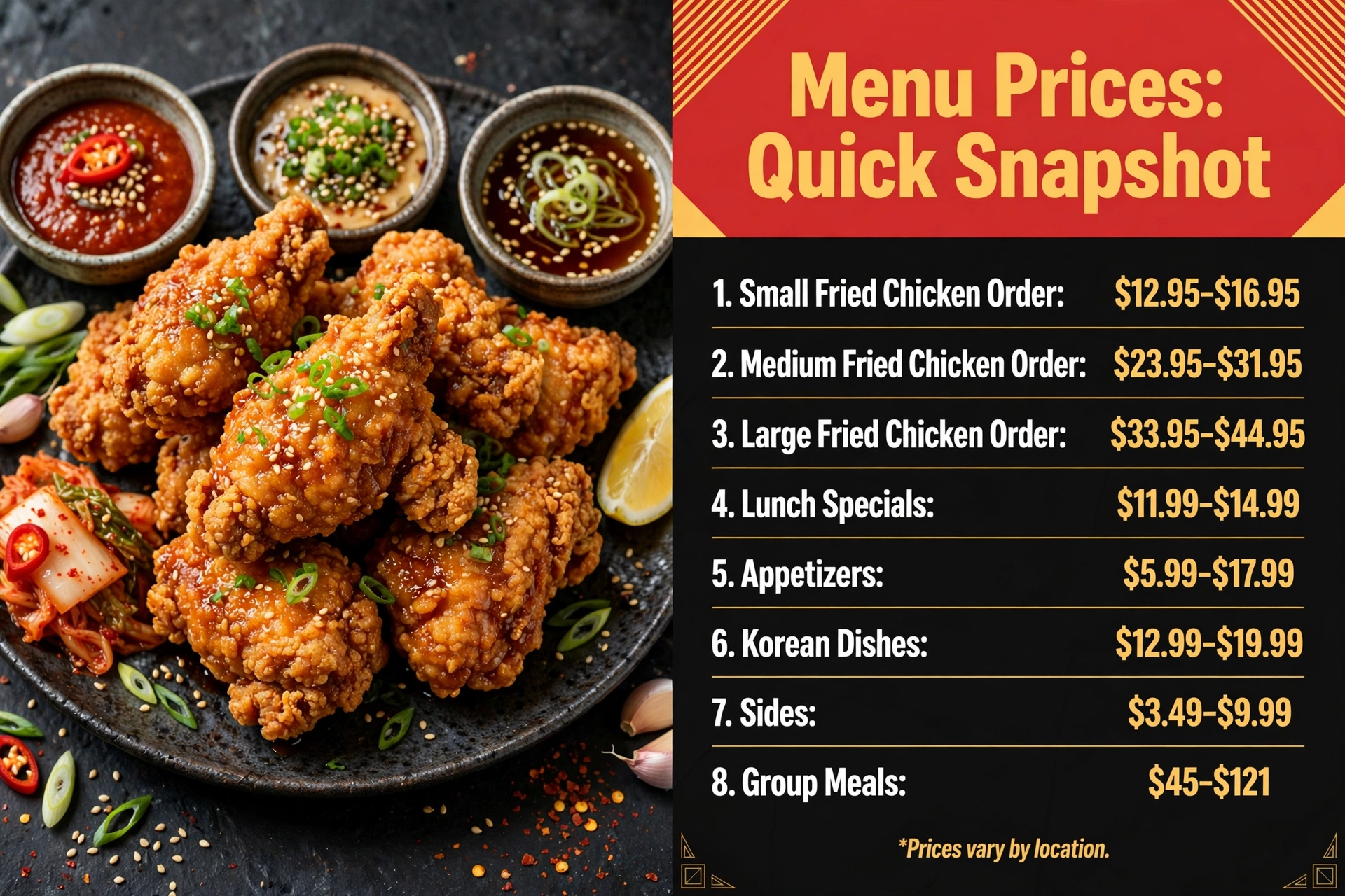 Bonchon menu prices quick snapshot infographic showing small, medium and large fried chicken orders, lunch specials, appetizers, Korean dishes, sides and group meals price ranges