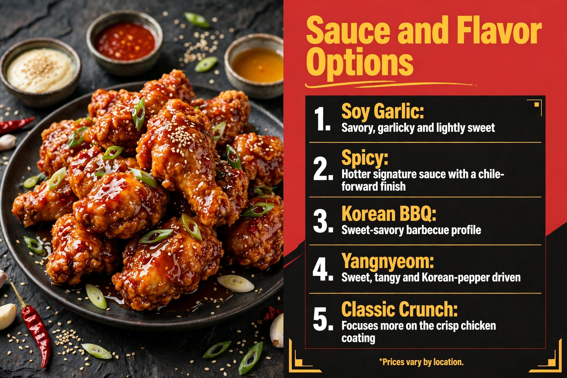 Bonchon sauce and flavor options infographic showing Soy Garlic, Spicy, Korean BBQ, Yangnyeom and Classic Crunch flavor profiles