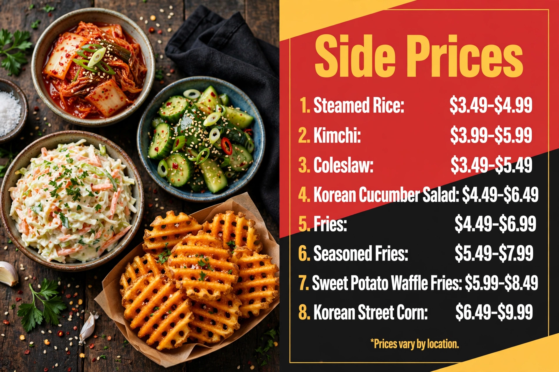 Bonchon side prices infographic showing steamed rice, kimchi, coleslaw, Korean cucumber salad, fries, seasoned fries, sweet potato waffle fries and Korean street corn price ranges