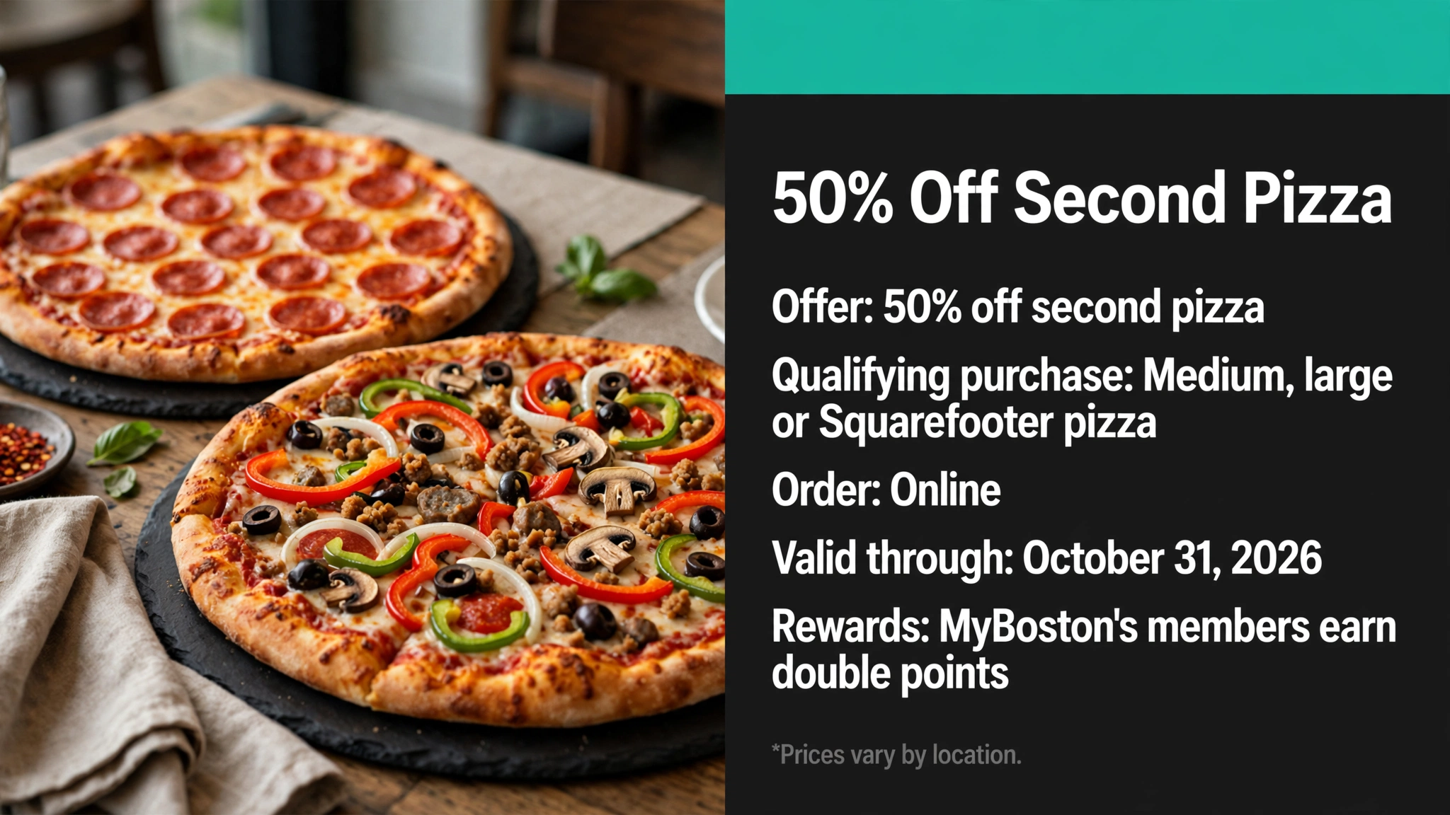 Bostons Pizza 50 Off Second Pizza deal infographic