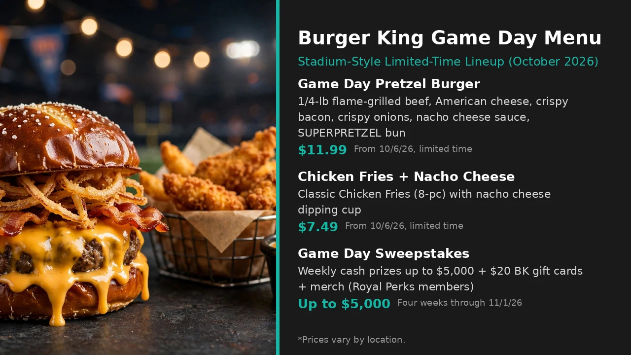 Infographic: Burger King Game Day Menu pretzel burger and nacho chicken fries, October 2026