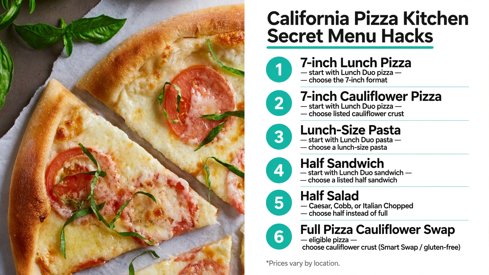 California Pizza Kitchen Secret Menu Hacks infographic