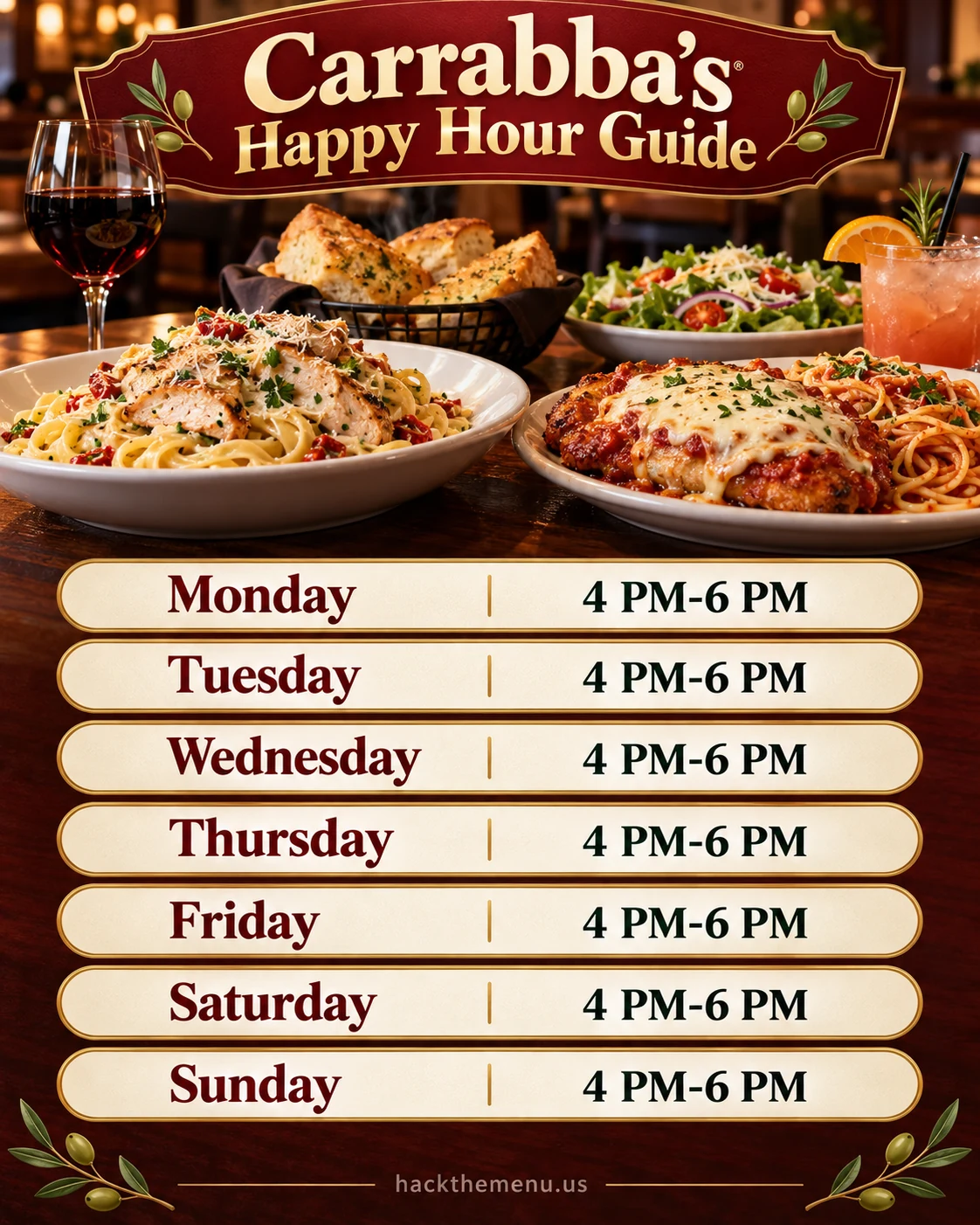 Carrabbas Happy Hour Times infographic