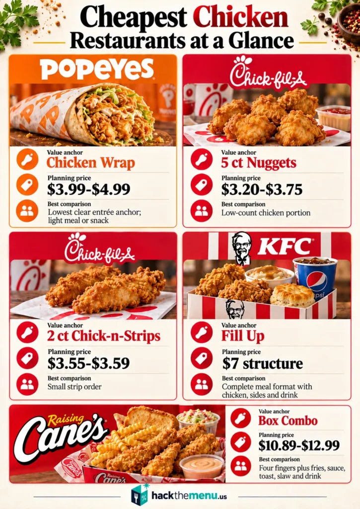 Cheapest Chicken Restaurants at a Glance infographic comparing Popeyes, Chick-fil-A, KFC, and Raising Cane's value anchors and planning prices