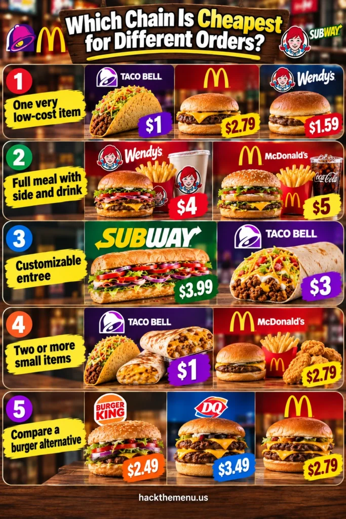 Cheapest fast food chains for different order types infographic