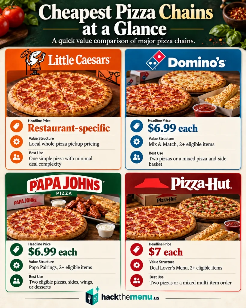 Cheapest Pizza Chains at a Glance infographic comparing Little Caesars, Domino's, Papa John's, and Pizza Hut deal structures and headline prices