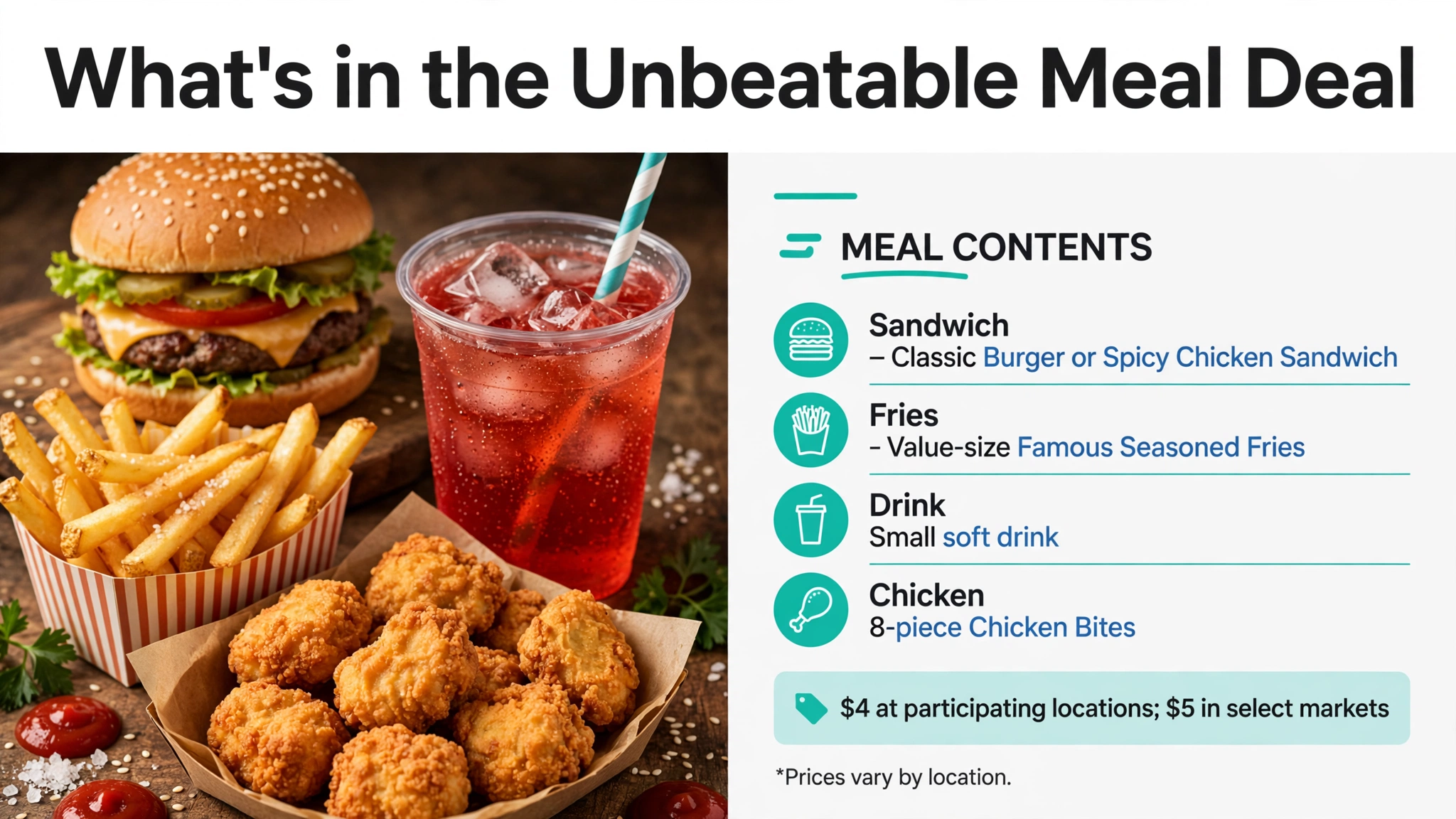 What's included in the Checkers Unbeatable Meal Deal: sandwich, fries, drink and 8-piece Chicken Bites