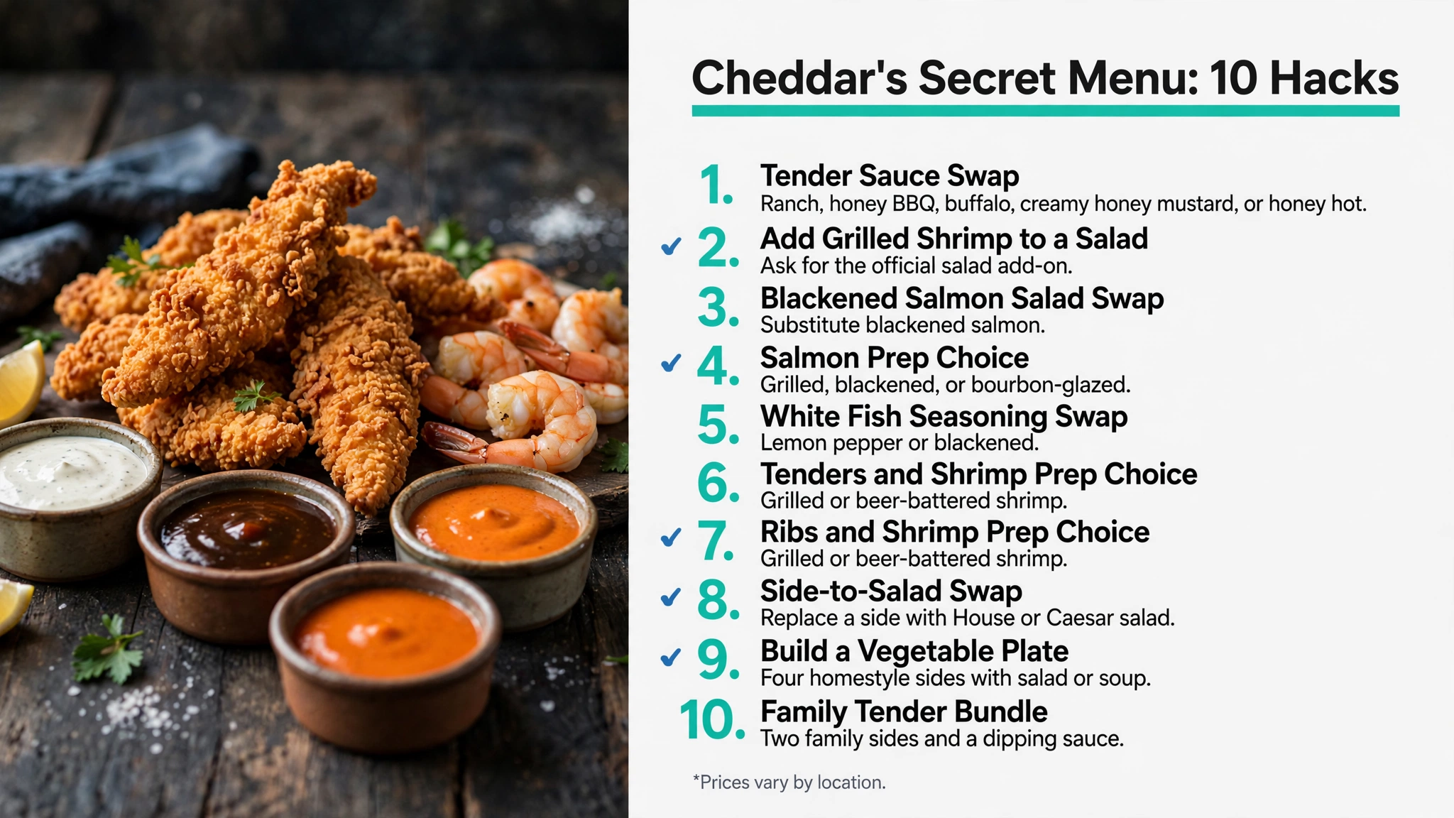 Cheddar's Secret Menu infographic showing 10 ordering hacks: tender sauce swap, grilled shrimp salad add-on, blackened salmon salad swap, salmon and white fish prep choices, tenders and ribs combo choices, side-to-salad swap, vegetable plate build, and Family Tender Bundle.
