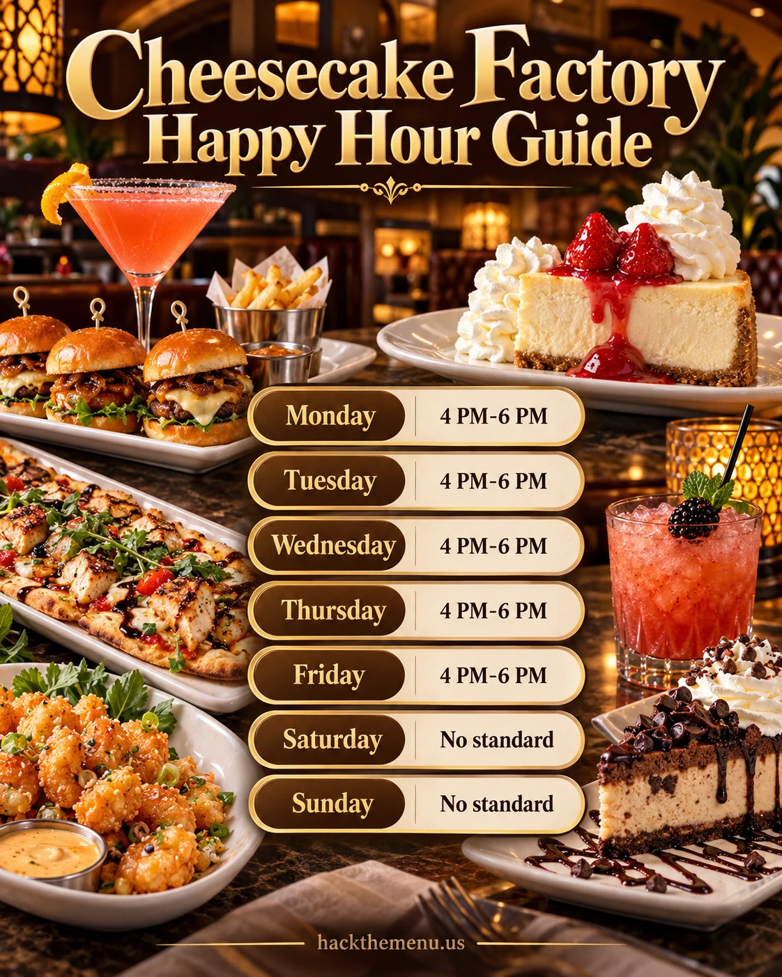 Cheesecake Factory Happy Hour Times infographic
