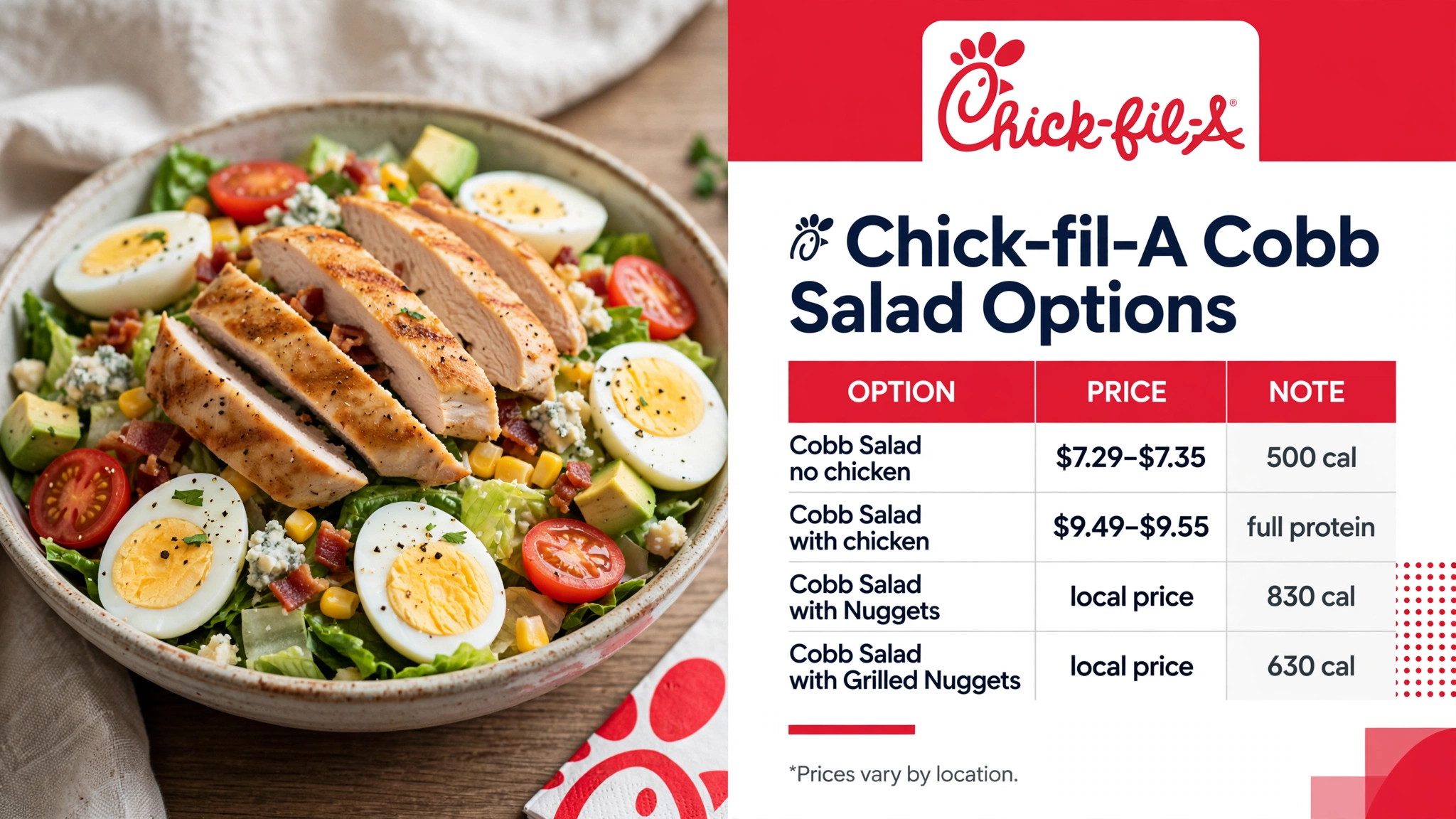 Chick-fil-A Cobb Salad options infographic: prices and calorie notes for no chicken, with chicken, Nuggets, and Grilled Nuggets versions