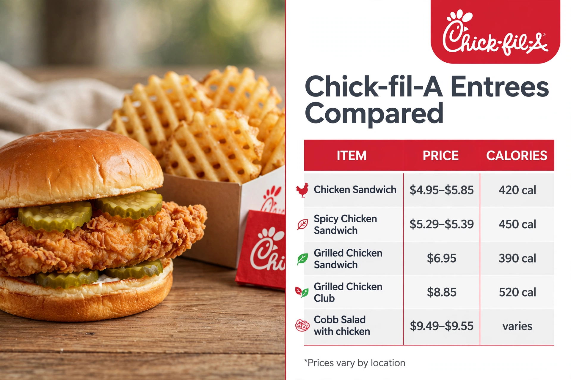 Chick-fil-A entrees compared infographic: Chicken Sandwich, Spicy Chicken Sandwich, Grilled Chicken Sandwich, Grilled Chicken Club, and Cobb Salad prices and calories